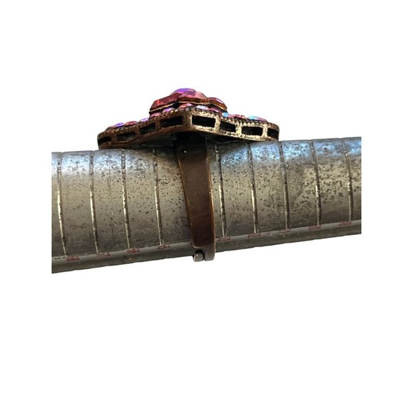 Vintage Cocktail Ring Pink Glass Rhinestones Aurora Borealis Adjustable 6.75 - Picture 2 of 3